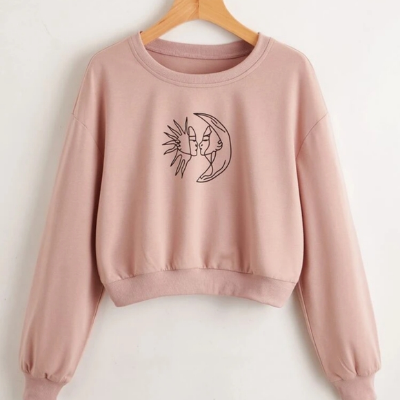 Dusty Pink Sun & Moon Crop Sweatshirt Sz S - Picture 1 of 4